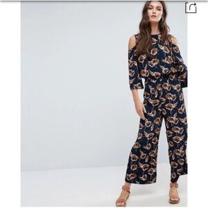 Y.A.S ASOS jumpsuit 
LELLA BURNT POPPY PRINT COLD‎ SHOULDER JUMPSUIT XS navy tan